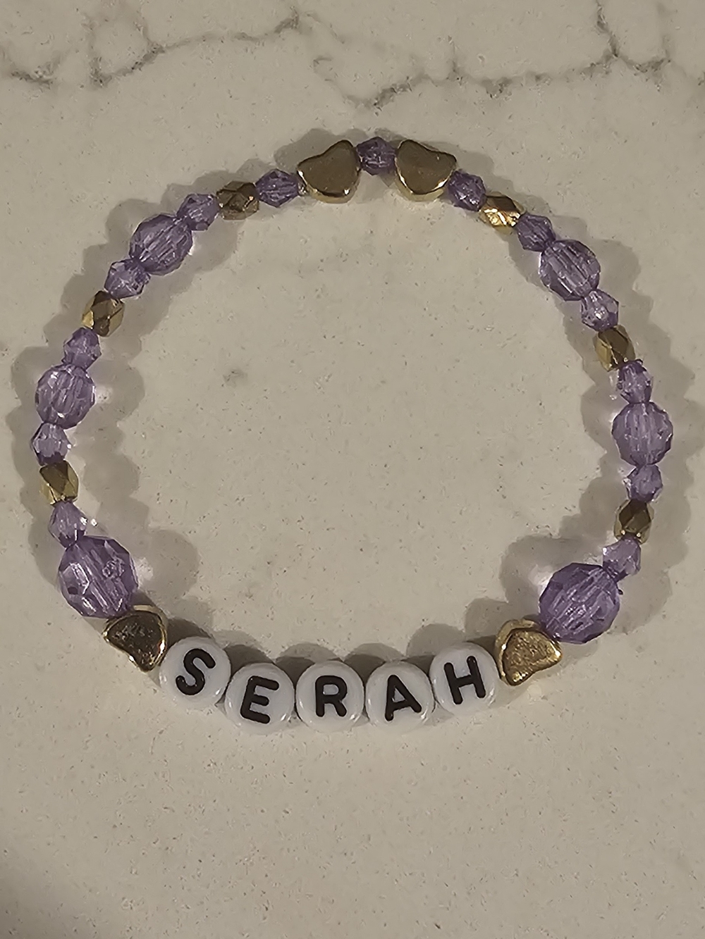 Personalized 'NAME' Lavender Bead Bracelet with Gold Accents